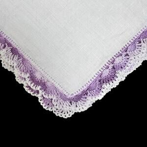 Vintage White Handkerchief Scalloped Edge Purple Crochet Trim Hankie 12x12